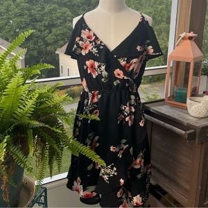 Black Floral Print Open Shoulder Dress